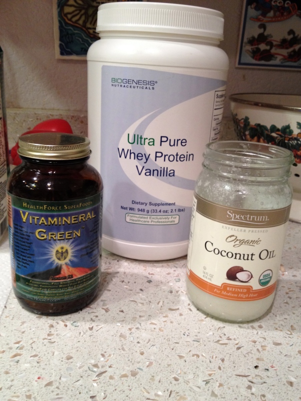 Greens Powder, Whey Powder, and Coconut Oil I use
