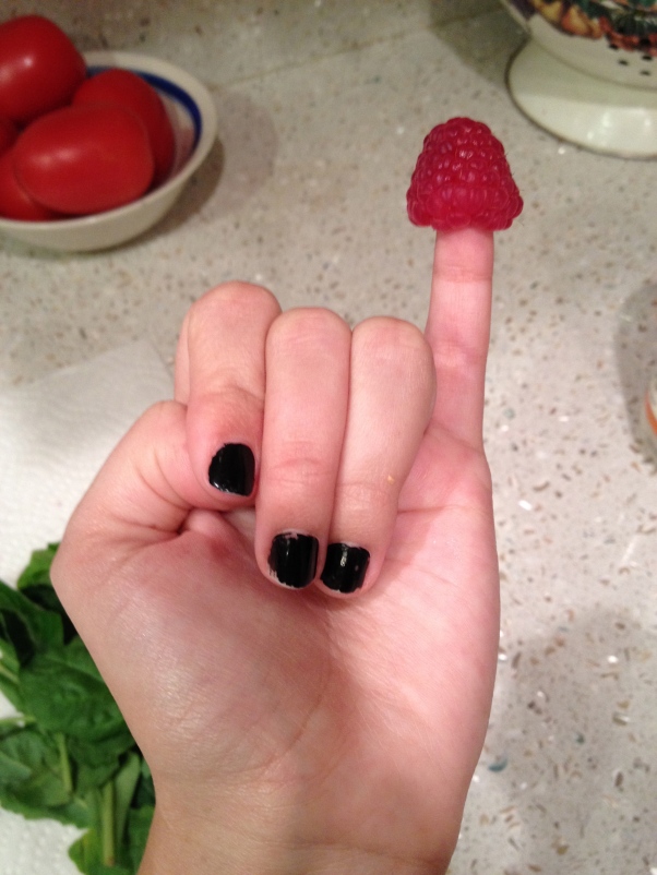 If you use raspberries like I did, make sure you put one on your finger and wear it like a hat. This is 100% necessary if your smoothie is to taste any good